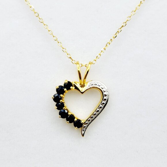Sterling Silver Gold plated Heart Shaped with 7 Genuine Blue Sapphire Pendant - Picture 1 of 7
